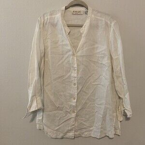 TOTOnKO Womens Plus Size 1X Ivory Linen Button Up Blouse